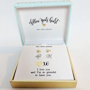 Fine Silver Plate & CZ XO & Heart Stud Earrings